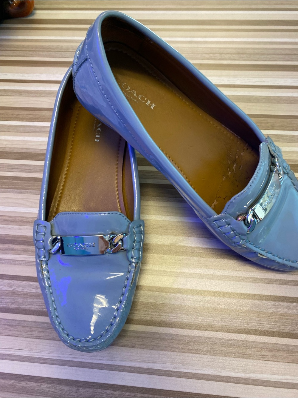 COACH Women's Patent Leather baby blue Driving Loafers size 7